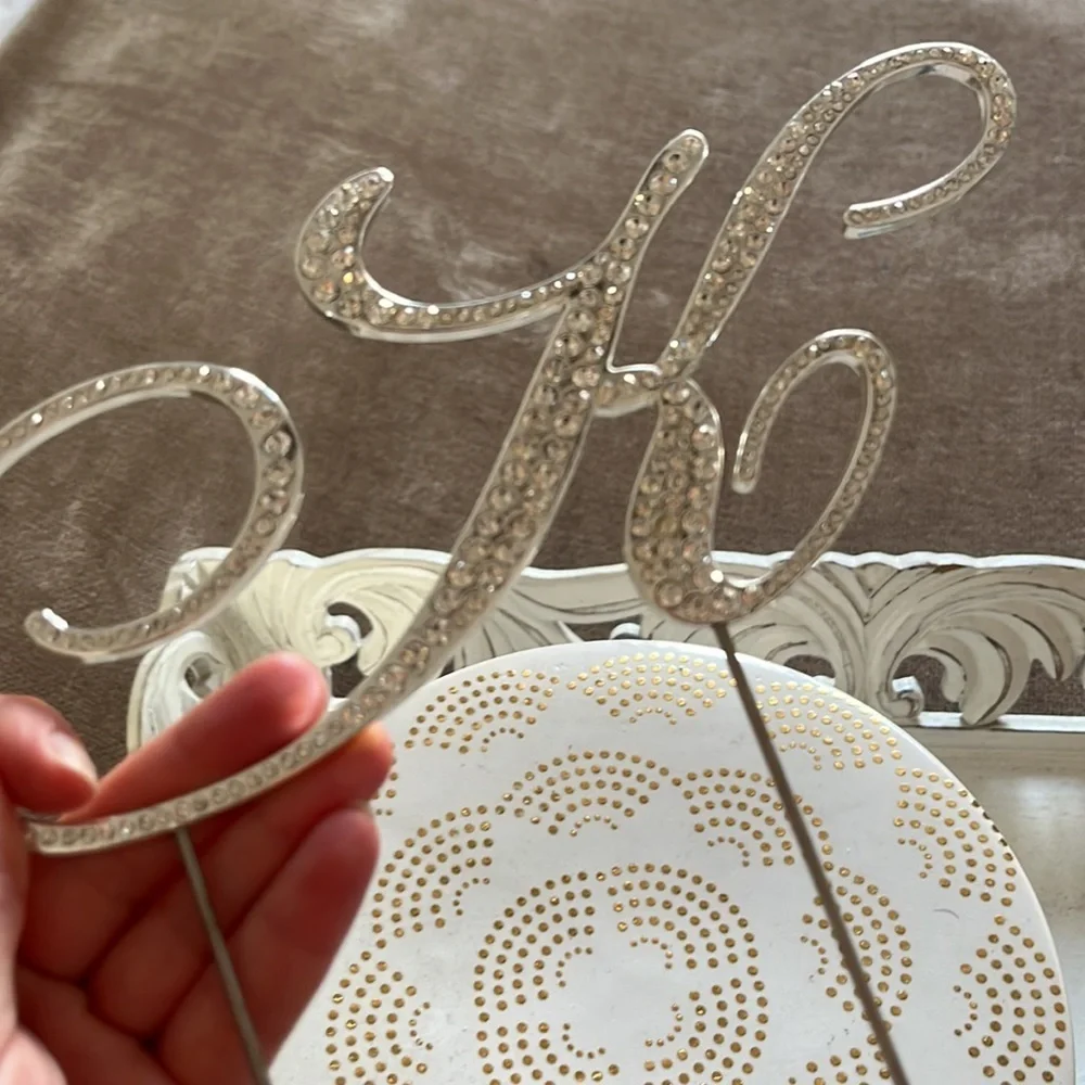 Cursive “K” Rhinestone & Silver Cake Topper - used once!